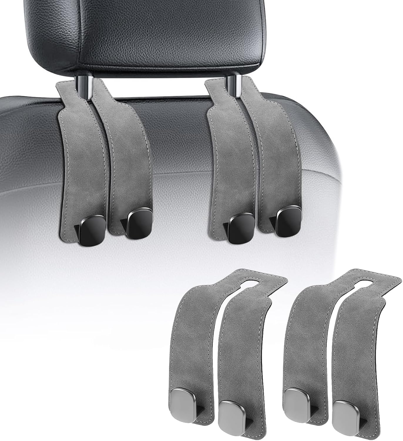 TwinHook Leather Car Headrest Hangers, Car Headrest Hooks for Purse and Bags, 2-in-1 Leather Car Seat Back Storage Hook, Anti-Slip Purse Holder for Car, Supports Up to 50 lbs (Gray-2 Pack)