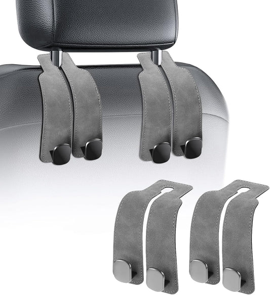 TwinHook Leather Car Headrest Hangers, Car Headrest Hooks for Purse and Bags, 2-in-1 Leather Car Seat Back Storage Hook, Anti-Slip Purse Holder for Car, Supports Up to 50 lbs (Gray-2 Pack)