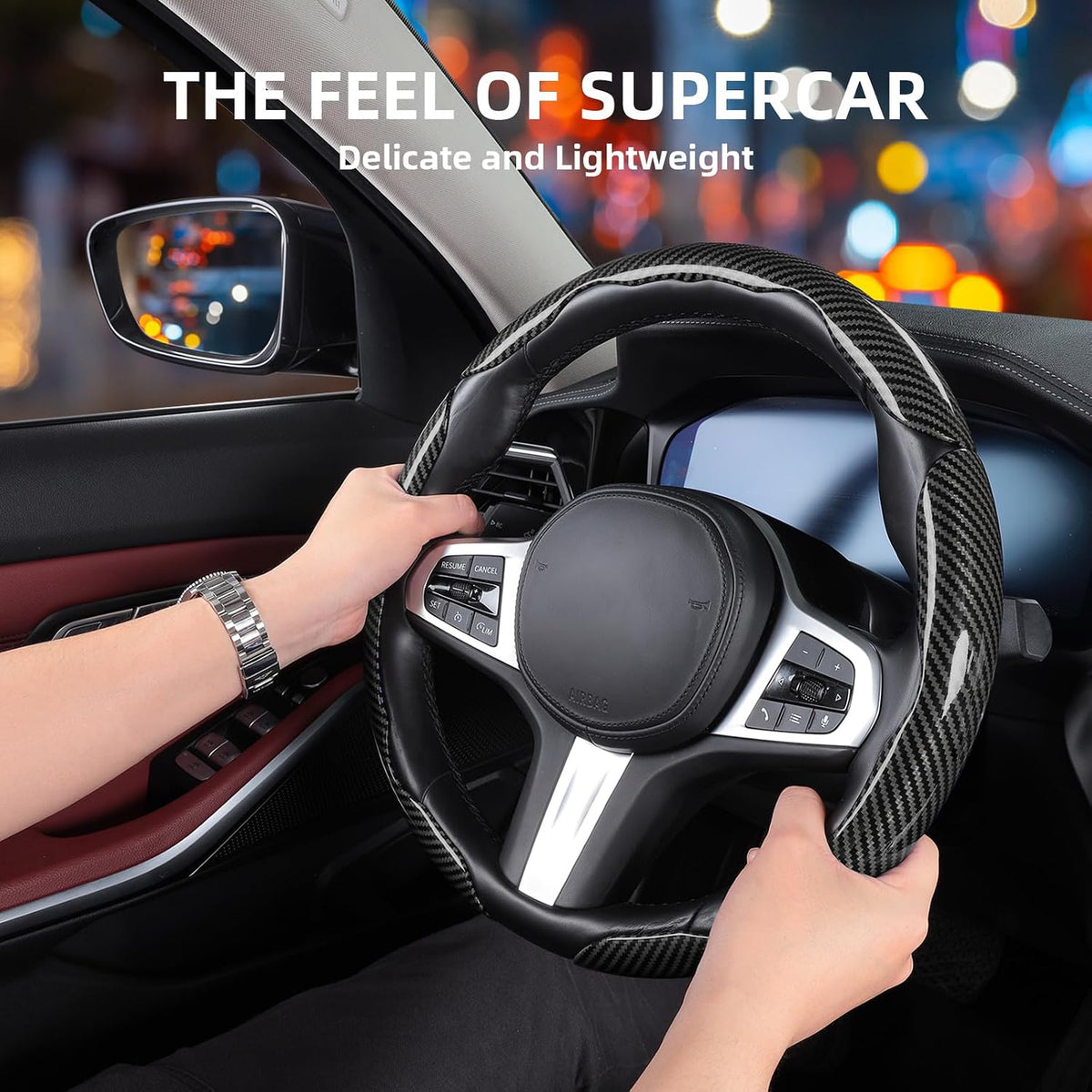 Carbon Fiber Steering Wheel Covers 3 Piece Clip on Steering Wheel Cover (Black)