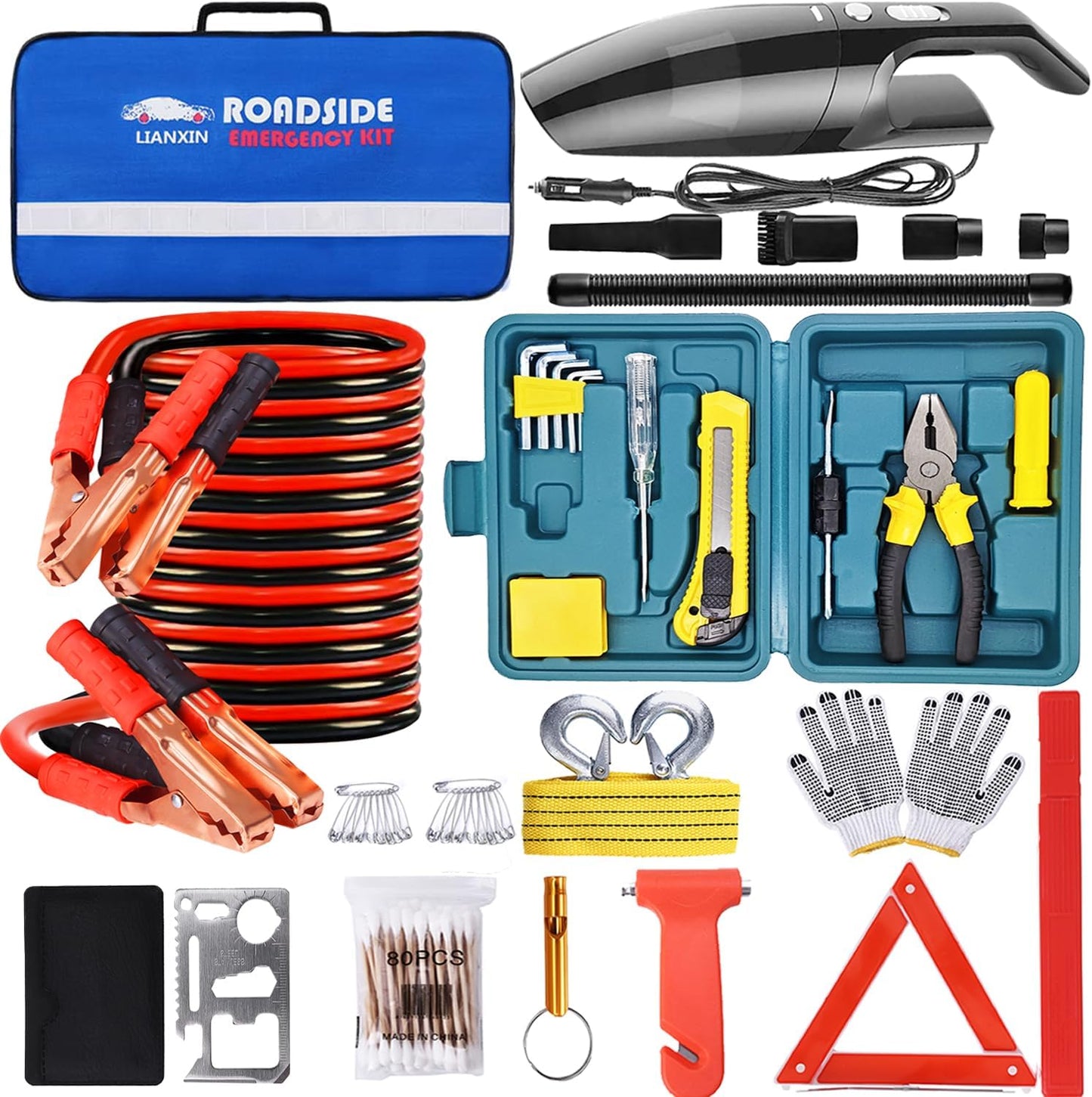Emergency Roadside Kit with Jumper Cables Kit for Car, Safety Car Kits | Car Emergency Kit High Power Handheld Vacuum, Warning Triangle, Safety Hammer, Tow Rope, Gifts for New Drivers