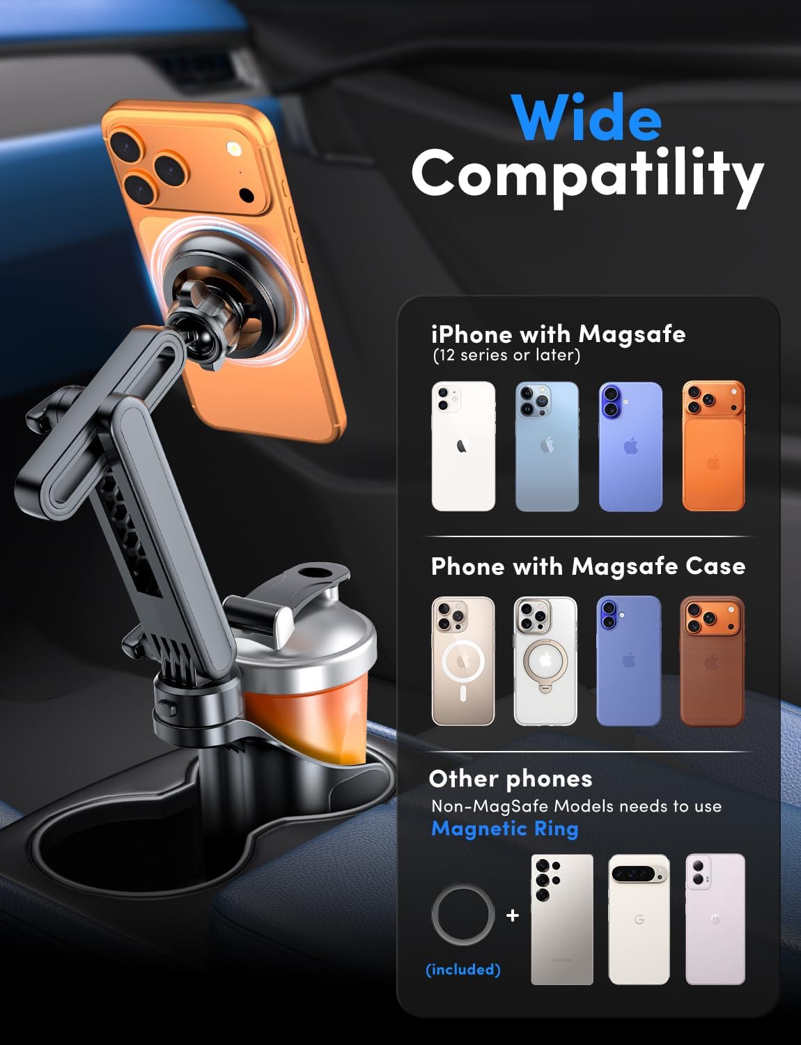 ELWEY Cup Holder Phone Holder for Magsafe, Car Phone Holder Magnetic, Upgraded 2 in 1 Cup Holder Phone Mount with Dual Adjustable Bases, Powerful N55 Magnet, 15" Height, for iPhone 17 Pro Max 16 15