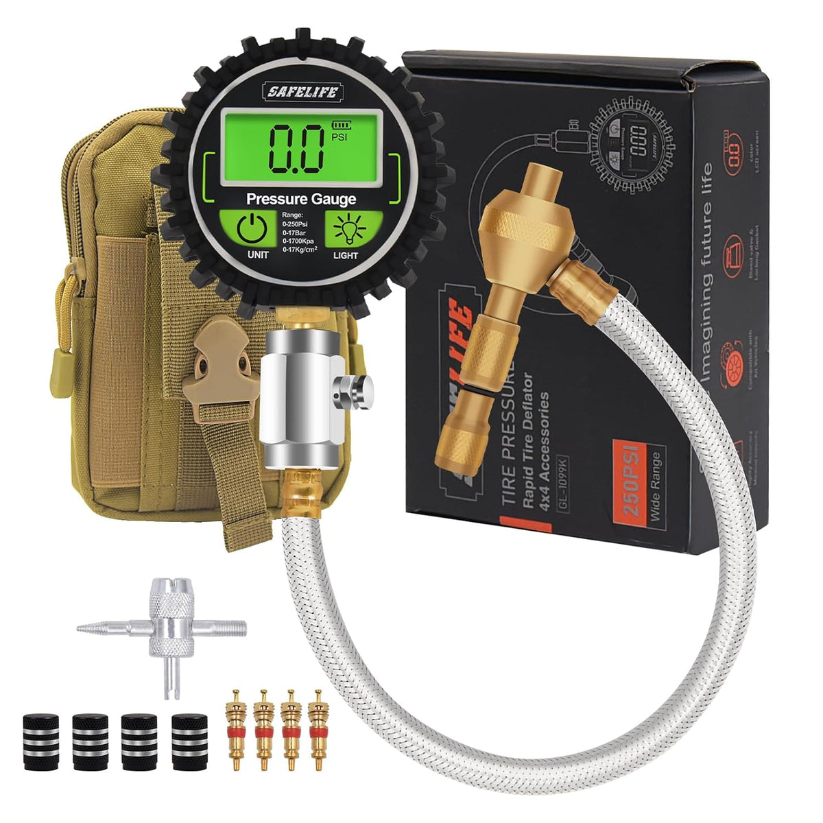 SAFELIFE 4x4 Digital Tire Deflator kit，Professional Tire Pressure Gauge 250PSI, Rapid Air Down Tire Deflators Offroad Accessories