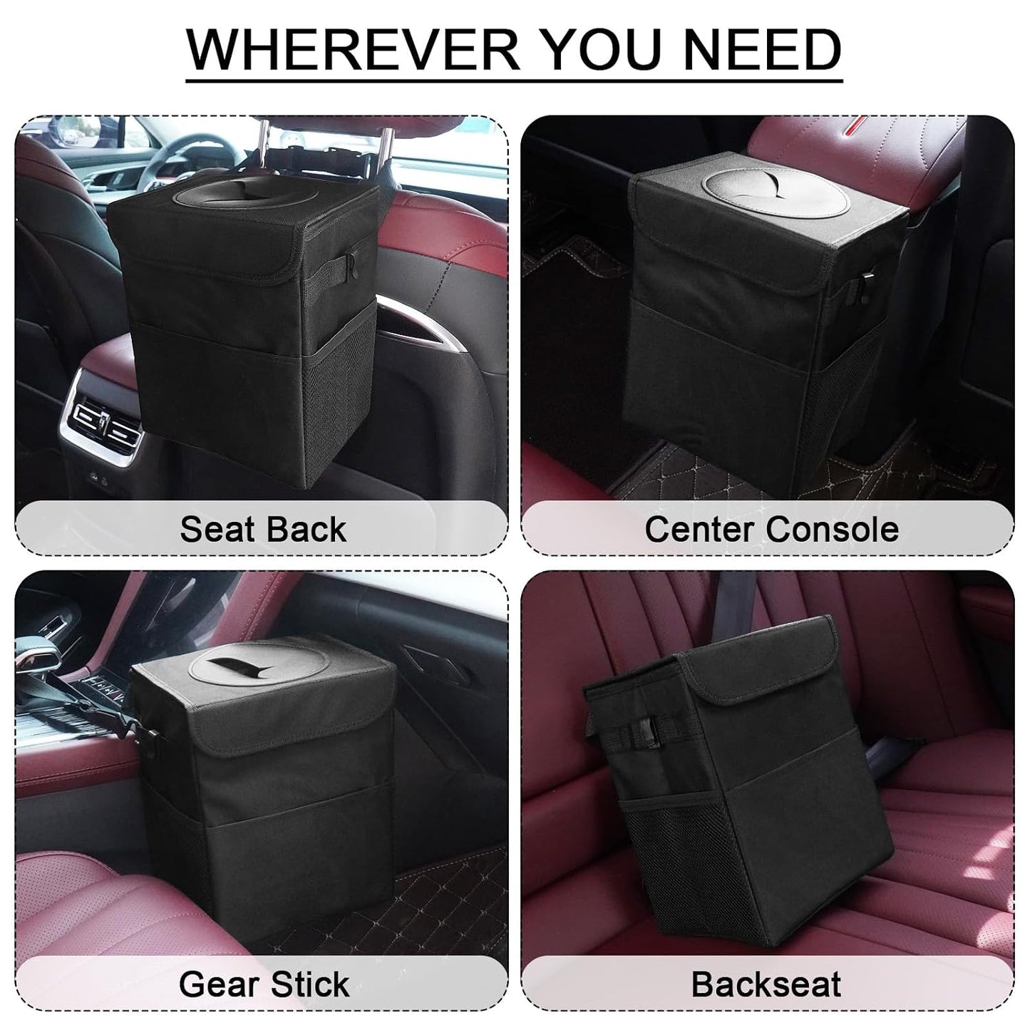Car Trash Can Bin with Lid - Collapsible Car Garbage Can with Storage Pockets-Black Mini Leakproof Vehicle Trash Bag-Small Automotive Organizers and Storage for Back/Front Seat SUV Truck Accessories
