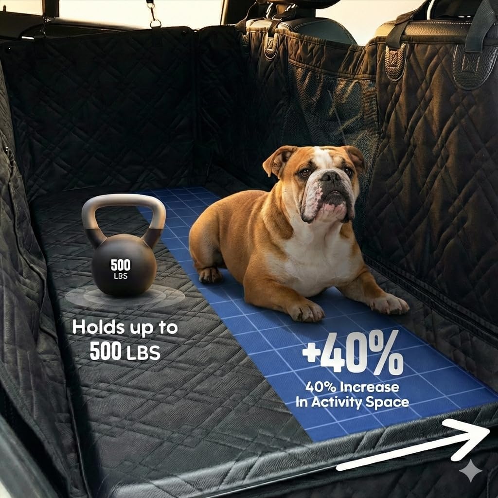 Bulldogology Hard Bottom Dog Seat Cover for Back Seat - Waterproof Backseat Extender for Dogs - Heavy-Duty Pet Hammock & Rear Protector for SUV Car Trucks - Non-Slip Dog Hammock with Platform