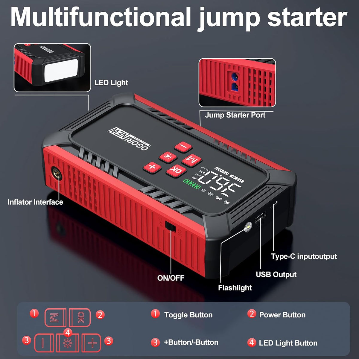 8000A Jump Starter with Air Compressor, 26800mAh Car Battery Jump Starter (All Gas/16.0L Diesel) with 150PSI Auto-Shutoff Tire Inflator, 12V Jump Box with Booster, Jumper Cables, Cigarette Lighter