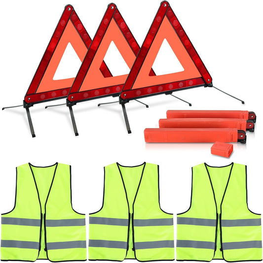 NATGAI 6 Pack Emergency Warning Kit 3 Triangles + 3 Vests with Storage Case
