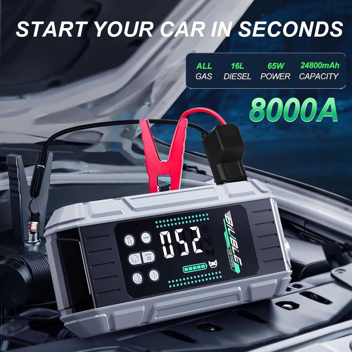 8000A Jump Starter with Air Inflator/Deflator Compressor, 65W Charging Car Battery Jump Starter (All Gas/16L Diesel), 24800mAh 150PSI Battery Jumper Starter Portable, Jump Box Jump Pack with LED Light