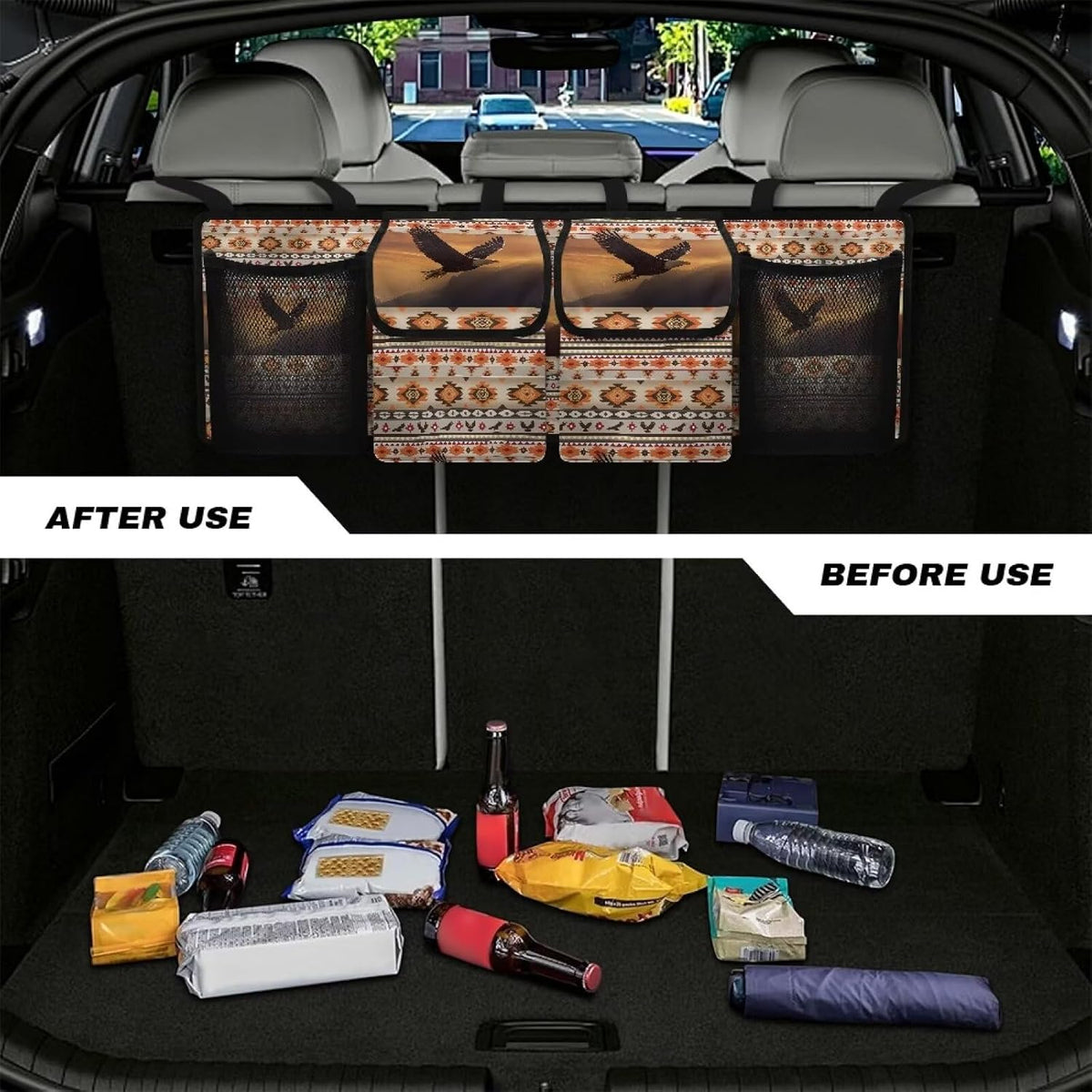 Aztec Tribe Back Seat Trunk Organizer,Eagle Space Saving Car Trunk Storage Organizer with Lid Keep your Trunk Clean and Tidy 4 Large Pockets for Kids,Travel Essentials