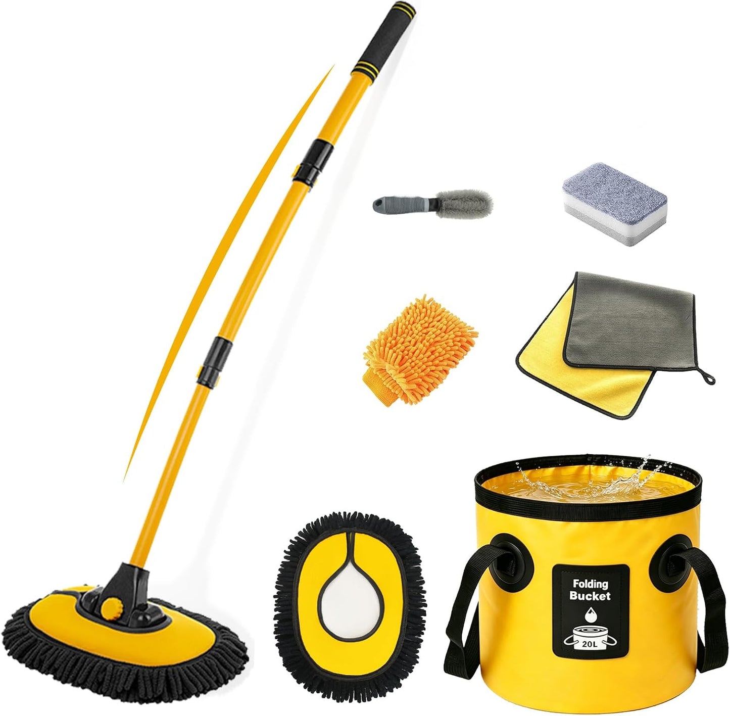 7-in-1 Car Wash Kit with 20L Folding Bucket & Brush – Car Wash Mop with Long Handle, 15° Curved Aluminum Pole for SUV Roof, Car Washing Brushes & Cleaning Supplies, RVs-Yellow.