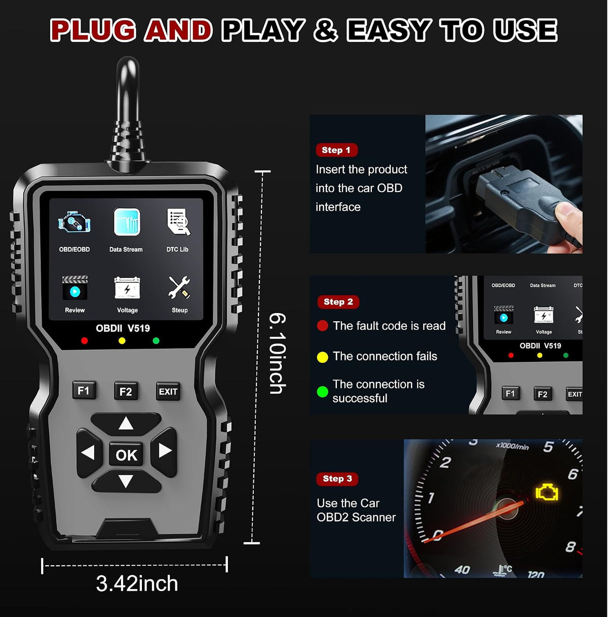 V519 OBD2 Diagnostic Scanner Tool - Vechicle Check Engine Light Code Reader with Battery Voltage Tester, I/M Readiness, Reset, and Code Eraser for All OBDII Car Since 1996 Grey