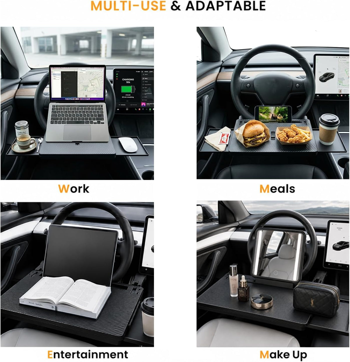 Car Steering Wheel Tray for Eating Food, Adjustable Car Laptop Desk Table Fits 16" Laptop and Steering Wheel Cover with Dual Panels, Ideal for Cars, SUV, EV Parked Charging