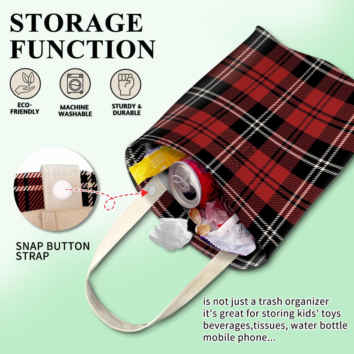 Car Trash Can, Hanging Car Organizer and Storage Bag, Trash Bin for Vehicle, Travelling, Camping Black and Red Checkerboard