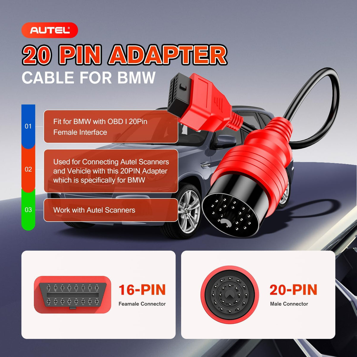 Autel Original 20 Pin to 16 Pin OBD2 Cable for BMW