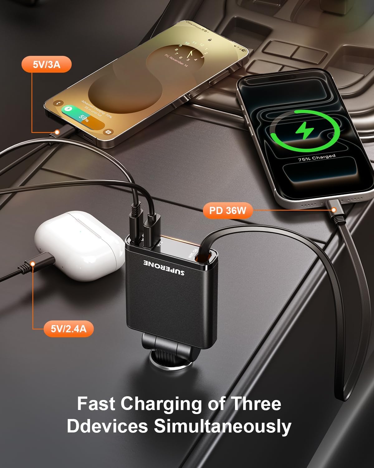 SUPERONE Car Charger USB C Fast Charge, Ultra-Slim Retractable Car Charger