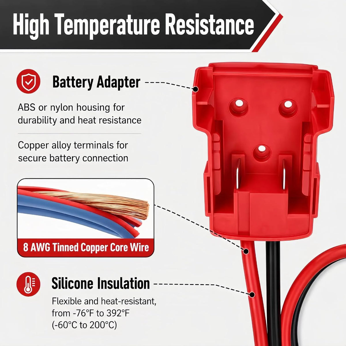 Jumper Cables with Adapter Fit for Milwaukee 18V Battery (for M18 48-11-1812/1820 18V Battery Jumper Starter) Silicone Wire 2.5FT 8AWG Cable for Mid-Size Cars Light Trucks Car Jump Starting Using Tool
