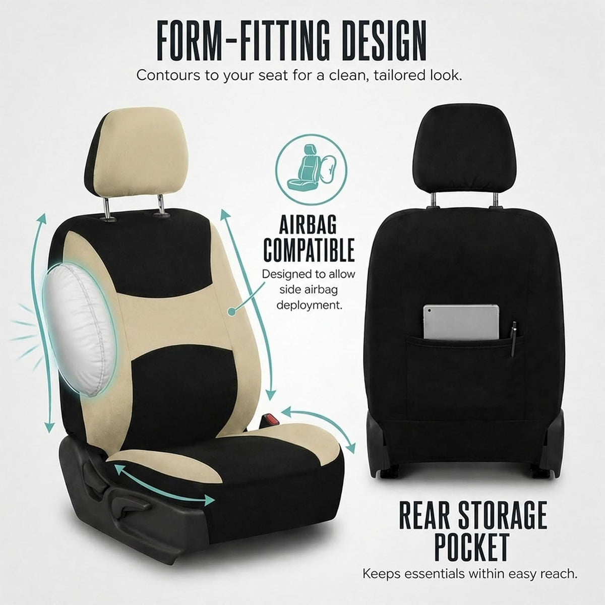 Automotive Seat Covers Beige Black Universal Fit Seat Cover Combo Set with Steering Wheel Cover and Seat Belt Pad (Airbag Compatible and Split Bench)