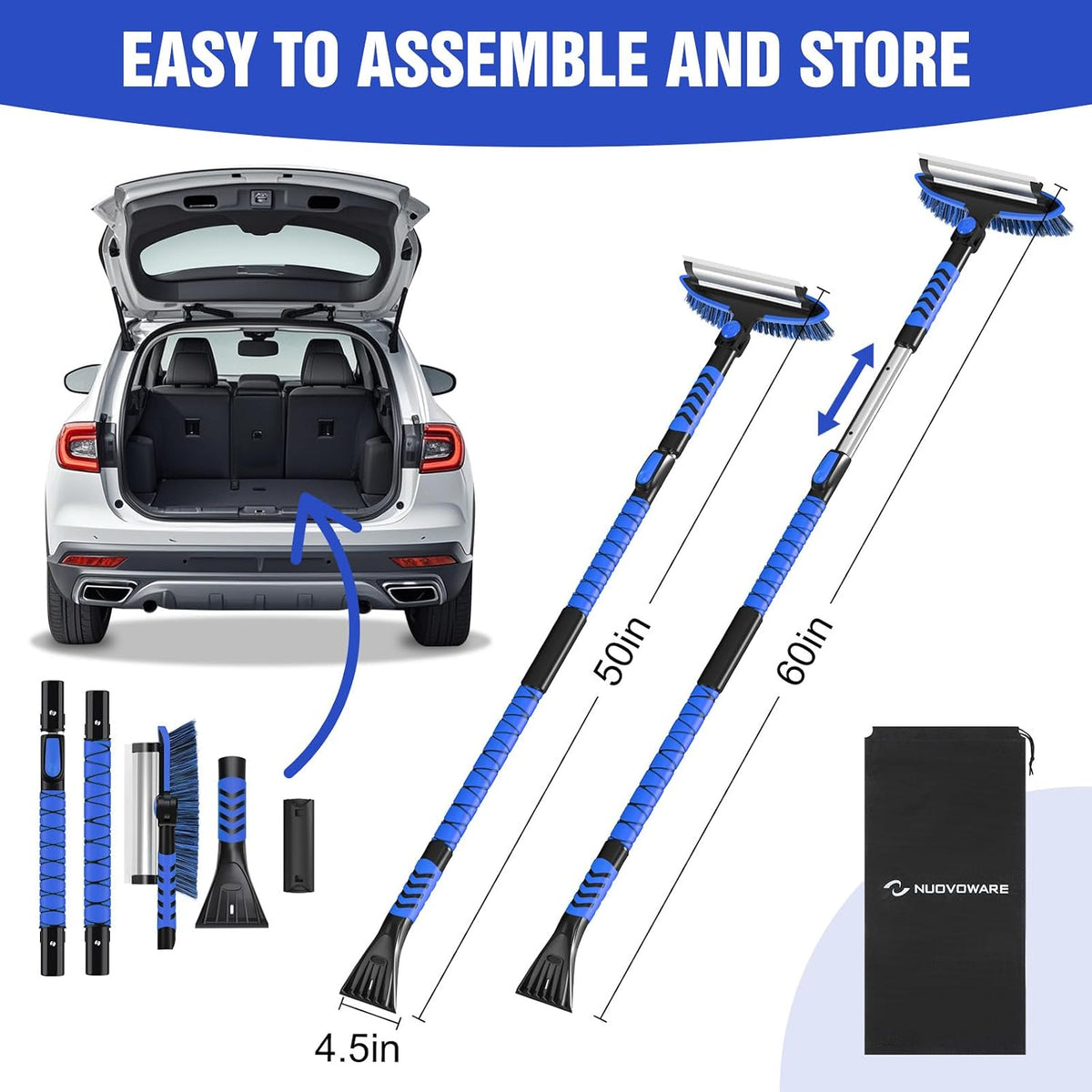Nuovoware 60" Ice Scraper and Extendable Snow Brush for Car Windshield