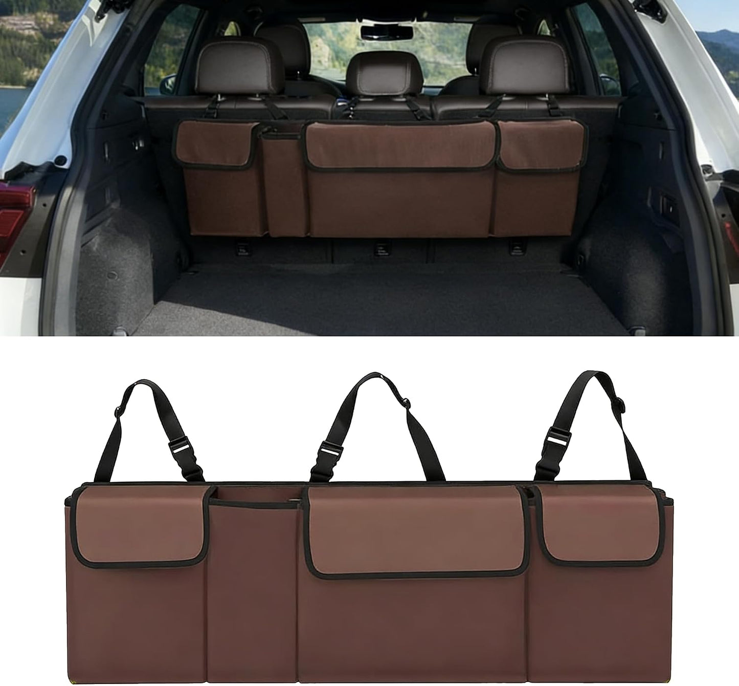 Car Trunk Organizer, Waterproof Backseat Hanging Large Storage with Adjustable Straps, Collapsible Cargo Bag with 4 Pockets, Car Interior Accessories for Truck, SUV, MPV (Brown)