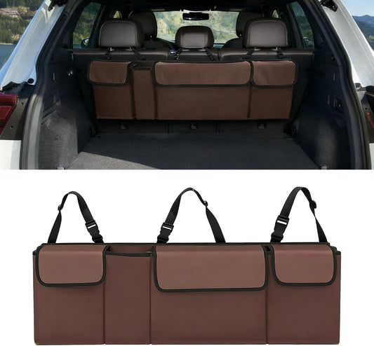 Car Trunk Organizer, Waterproof Backseat Hanging Large Storage with Adjustable Straps, Collapsible Cargo Bag with 4 Pockets, Car Interior Accessories for Truck, SUV, MPV (Brown)