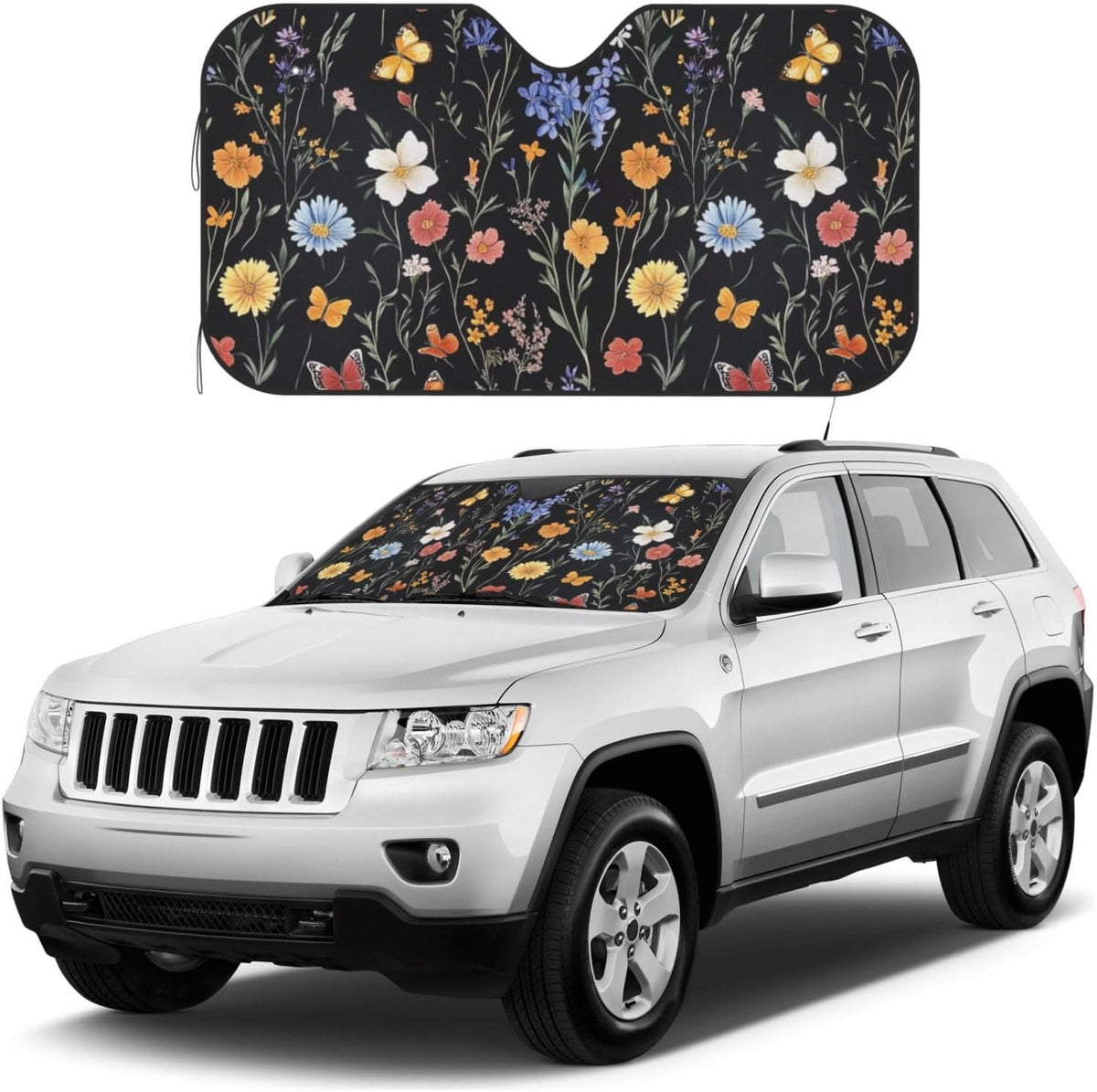 Windshield Sun Shade Vintage Botanical Flower Wildflower Car Front Window Sunshade Blocker UV Visor Retractable Automotive Sunshades for Vehicle SUV Truck Protector 51x27.5 inch
