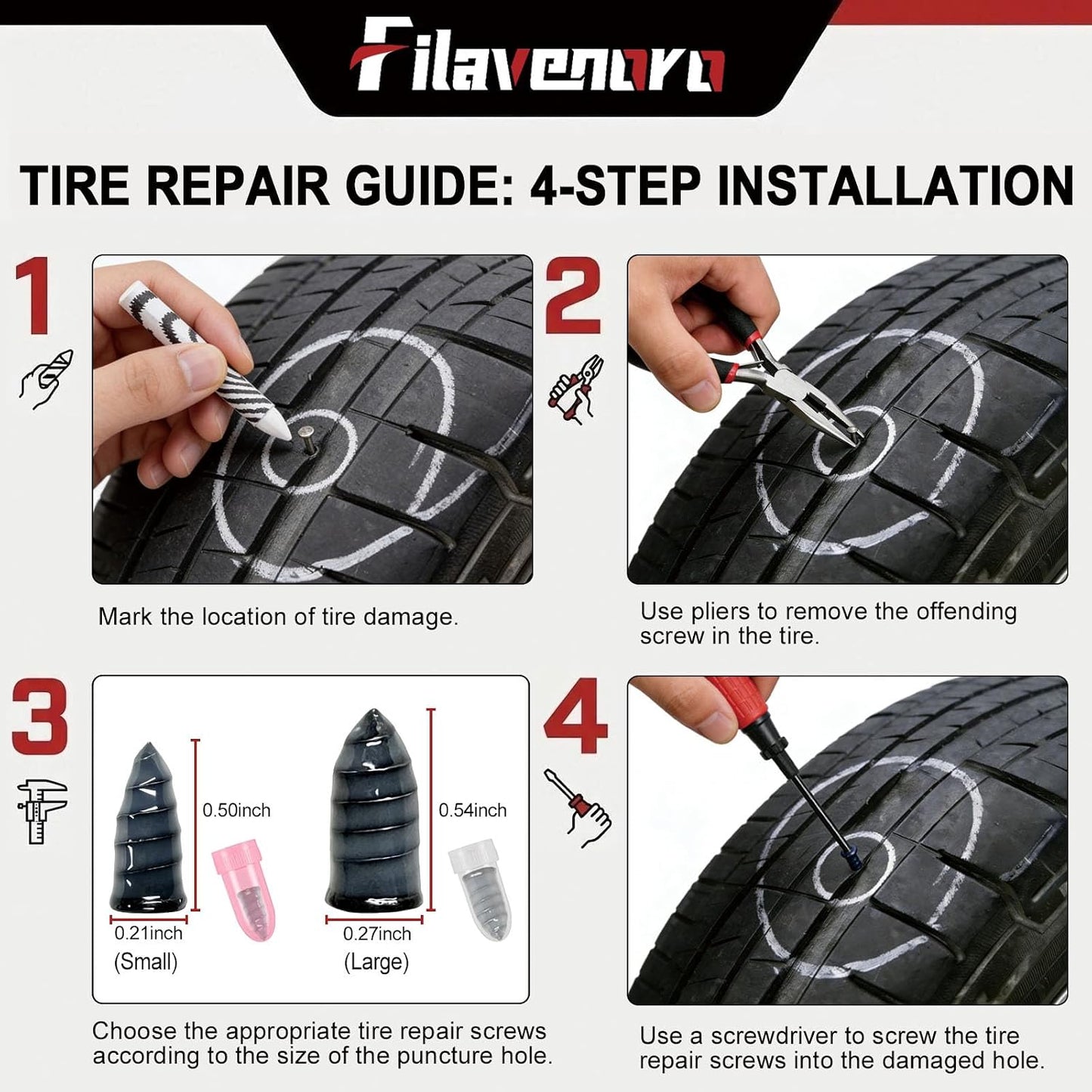 73 Pcs Tire Plug Kit, Screw in Tire Repair Rubber Nail Kit with Pliers, Screwdriver, Crayon, Quick Self-Service Emergency Repair Patch Tool for Automotive Car, Truck, Motorcycle Tubeless Tire Puncture