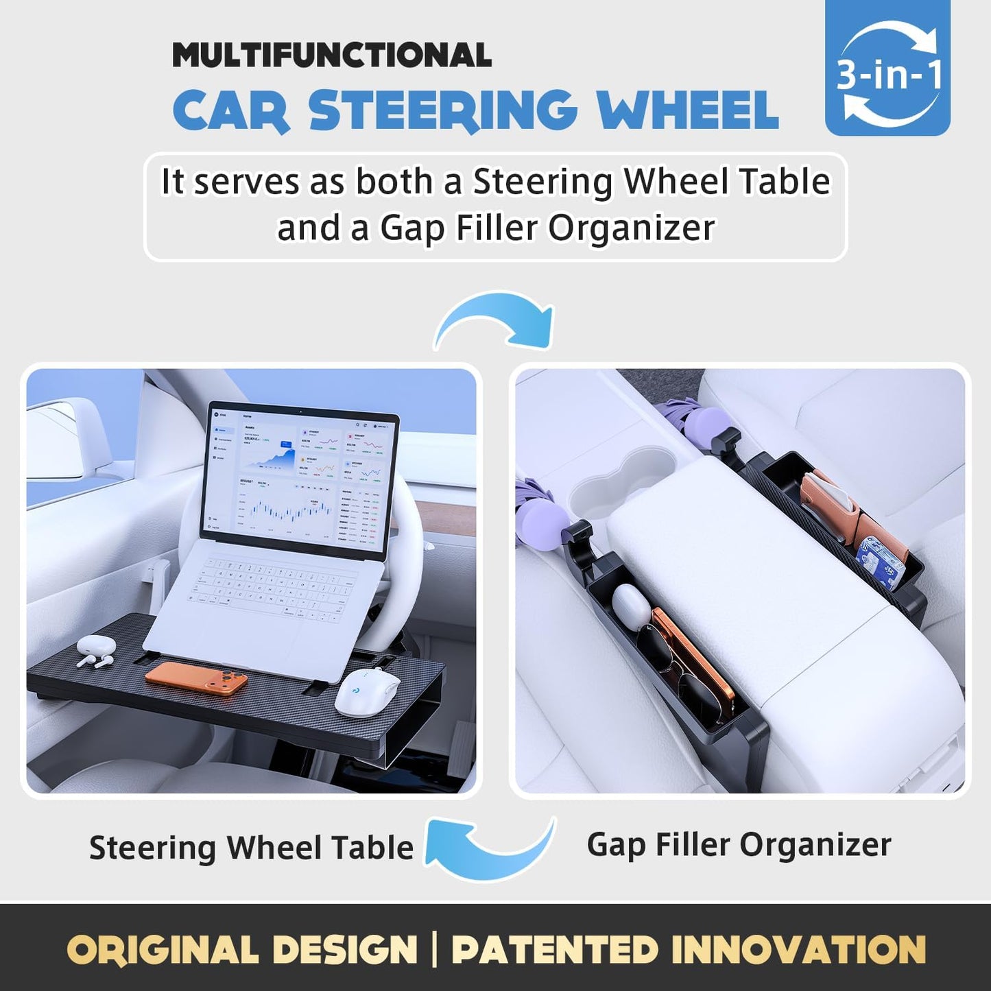3 in 1 Car Steering Wheel Desk Tray &amp; Car Seat Gap Filler &amp; Organizer, Foldable Carbon Fiber Look Adjustable Car Tray, for Laptops, Eating Food, Writing, Entertainment