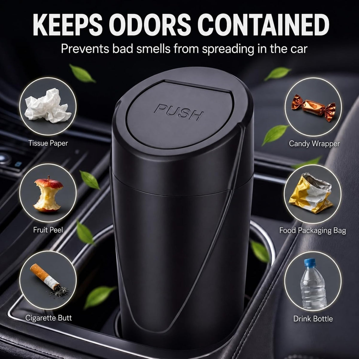 Outus 3 Pack Car Trash Can with Lid, Leakproof Car Garbage Can Cup Holder with 60 Bags Mini Trash Cans for Cars, Small Vehicle Garbage Bin for Cars, Office, Home, Bedroom, Black