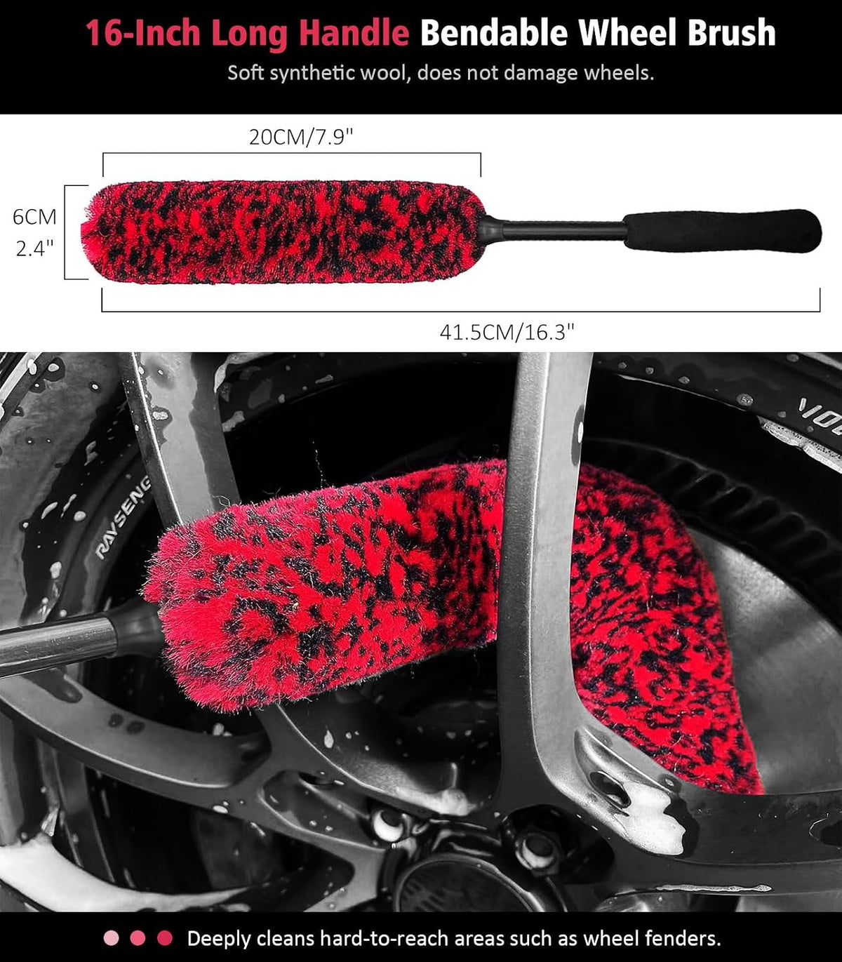 YeewayVeh 6PCS Motorcycle Cleaning Kit, Bendable Wheel Tire Brush,Black/Red