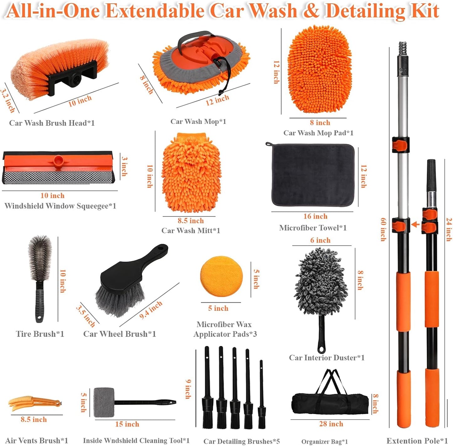 21Pcs Car Wash Kit with 60" Heavy-Duty Extension Pole, Soft Car Wash Brush, Wheel &amp; Tire Brush, Scratch-Free Car Mop Mitt &amp; Window Squeegee, Detailing Tool for Car Exterior &amp; Interior Cleaning