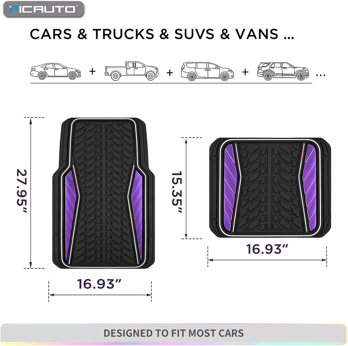 PIC AUTO Car Floor Mats, Purple Aluminum-Molded with Full-Circle Iridescent Inlay Strip Car Mats, Universal-Fit Rubber Mats for Cars, Trucks & SUVs, All-Weather, Non-Slip, Easy-to-Clean Interior Mats