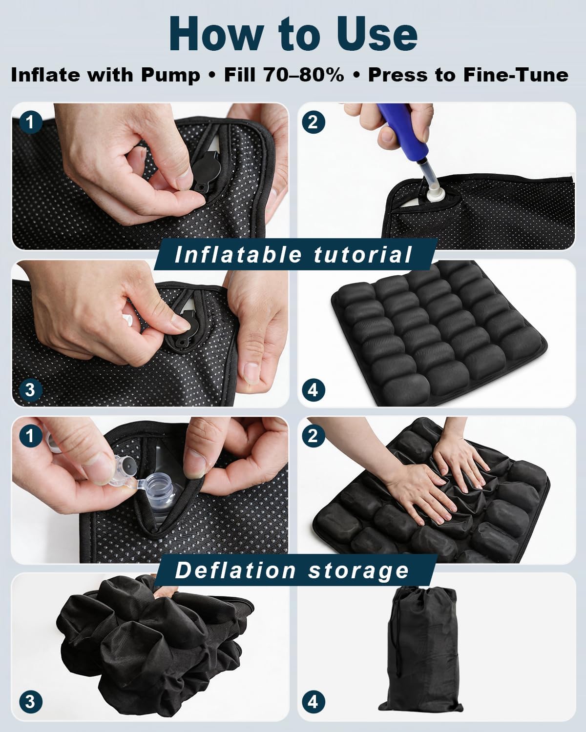 Inflatable Airplane Seat Cushion for Long Flights, 24-Cell Travel Cushion with Adjustable Firmness, Portable Waterproof Pressure Relief Seat Pad for Car, Train, Office, 16.9 x 16.9 in