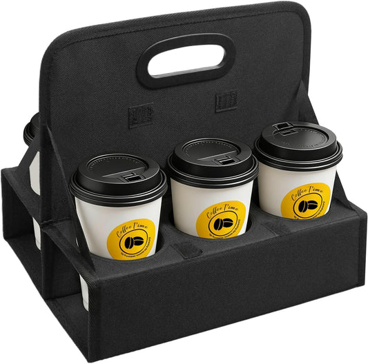6-Cup Reusable Drink Carrier with Handle – Foldable Drink Caddy for Delivery Drivers,Takeout & Catering,Portable Beverage Holder Bag for Coffee,to-Go Cups,Anti-Spill & Car Floor Safe,Black