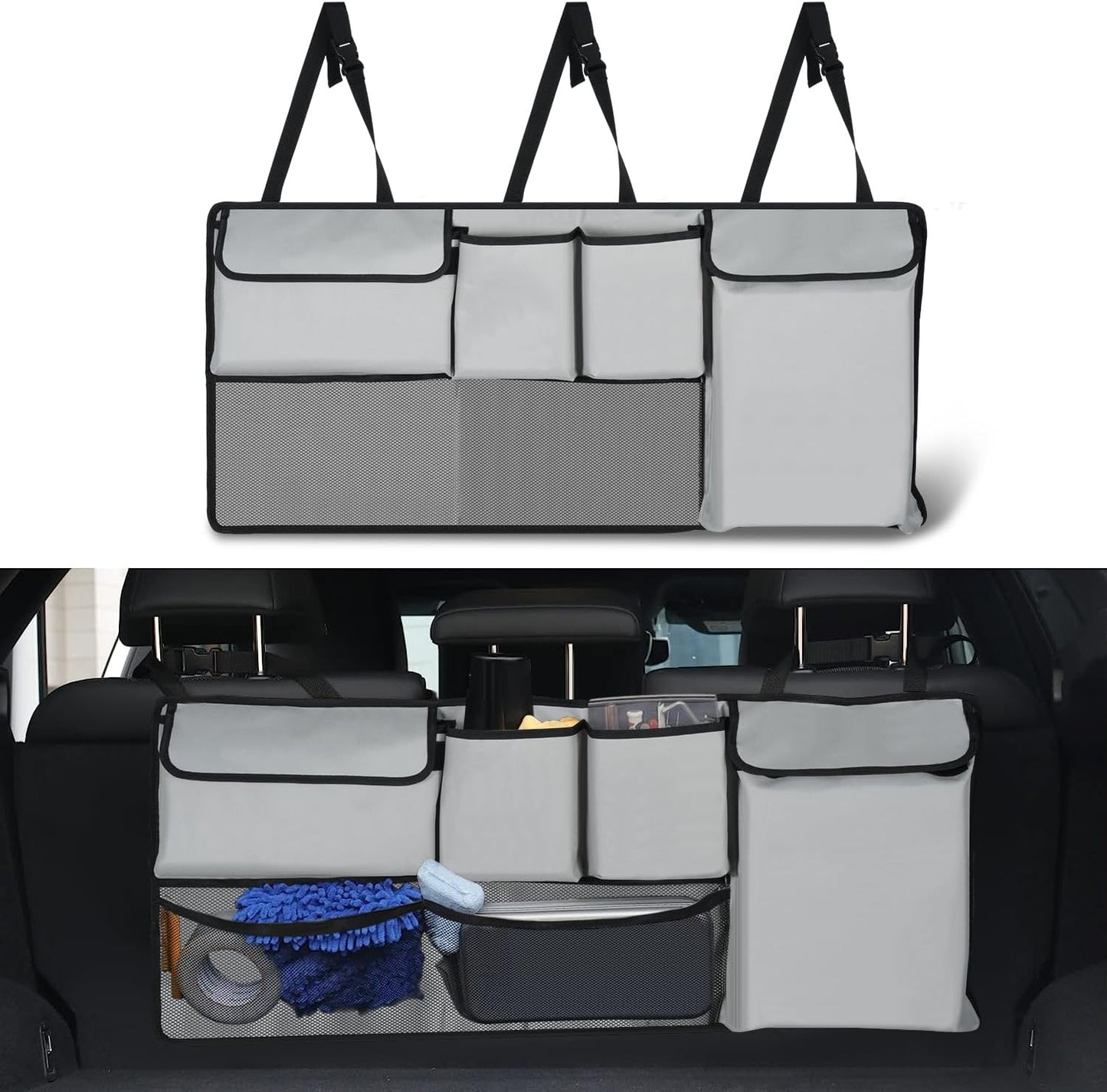 UYYE Trunk Hanging Organizer, Backseat Storage Bag, Collapsible Car Interior Accessories with 4 Pockets & 2 Mesh Pouches for Tools, Provide More Storage Trunk Space for SUV, Jeep, MPVs (Light Grey)