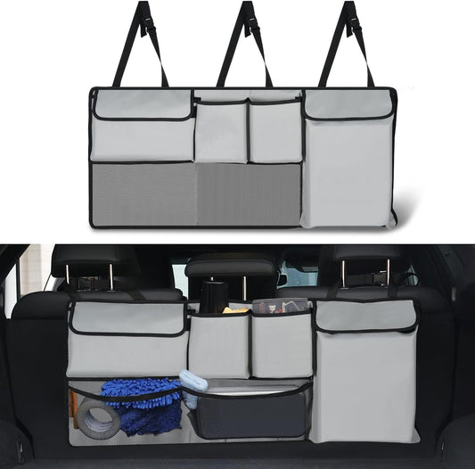 UYYE Trunk Hanging Organizer, Backseat Storage Bag, Collapsible Car Interior Accessories with 4 Pockets & 2 Mesh Pouches for Tools, Provide More Storage Trunk Space for SUV, Jeep, MPVs (Light Grey)