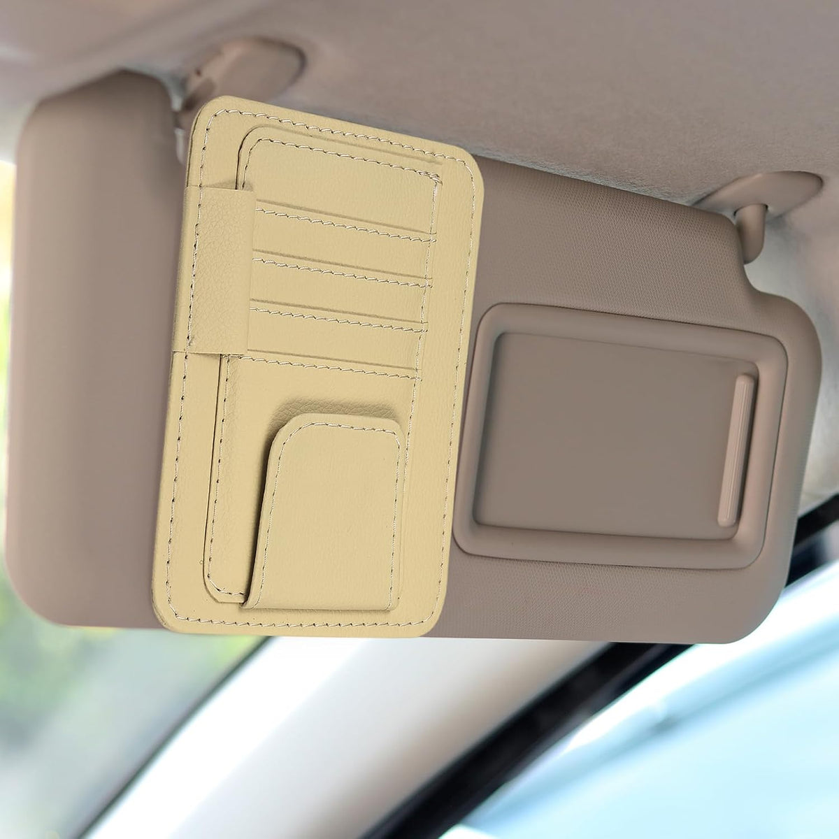 HARFINGTON 2Pcs Car Sun Visor Organizer 6.02" x 4.76" Leather Multi-Pocket Visor Card Sleeve Pocket Car Truck SUV Interior Storage Pouch for Driving License Credit Card Bill Sunglasses, Beige