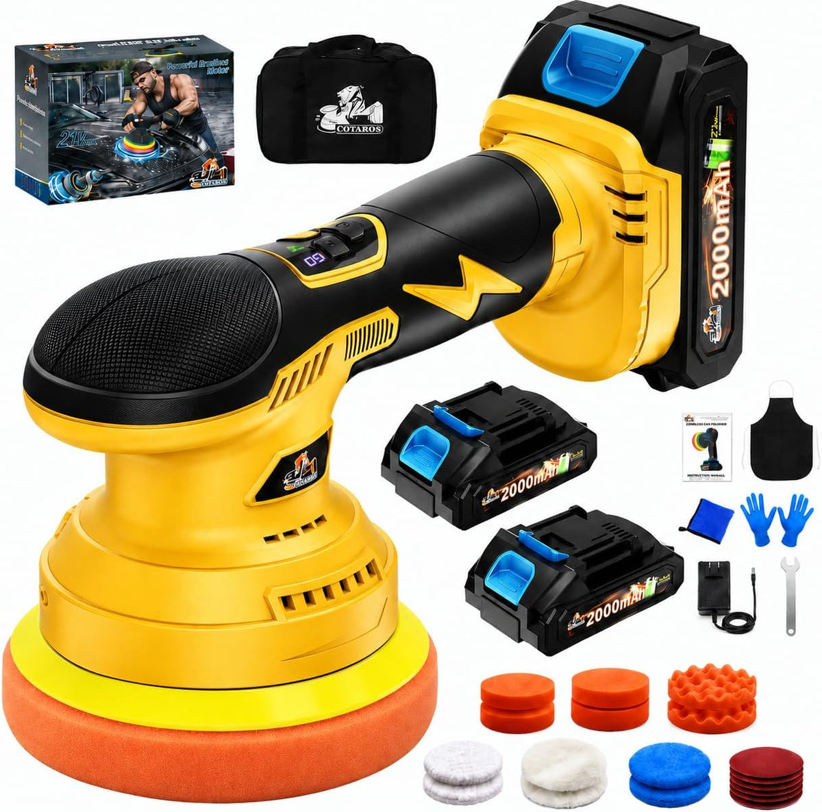 Cordless Car Buffer Polisher, 8-Speed, 2*21V 2000mAh Batteries