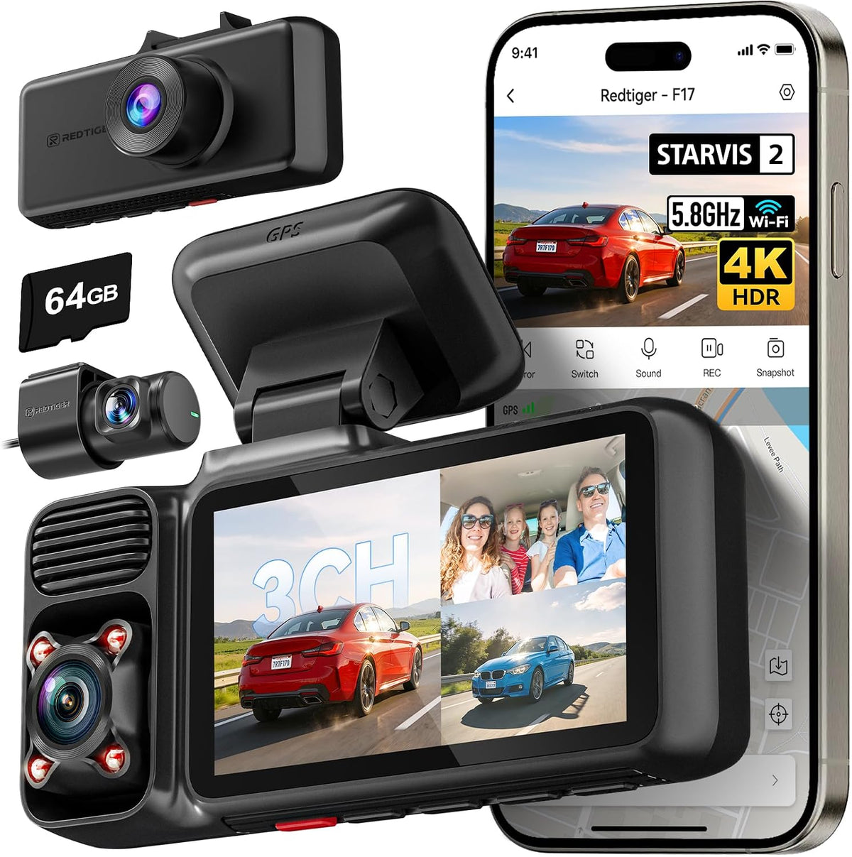 REDTIGER F17 4K 3CH Dash Cam, STARVIS 2 Sensor HDR, 64GB Card, 5.8GHz WiFi