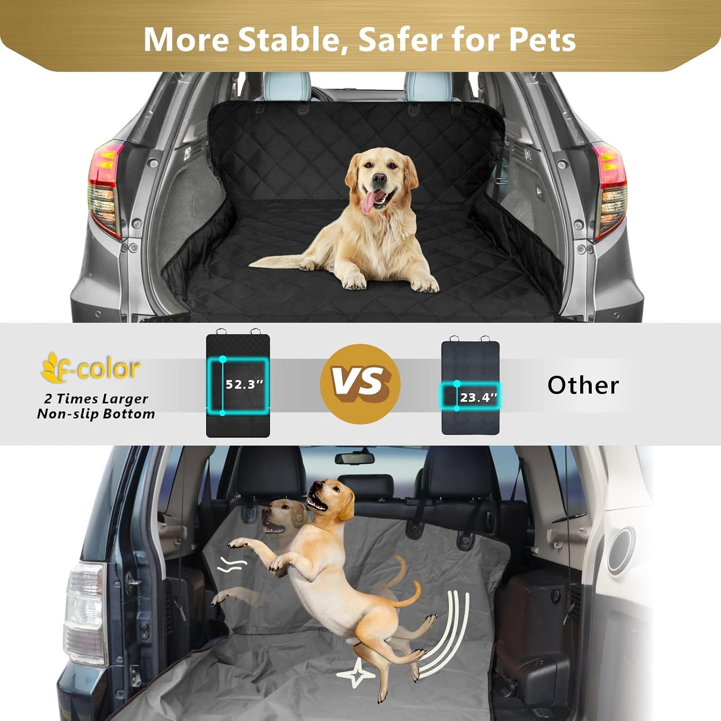 F-color SUV Cargo Liner for Dogs - 55 x 91 Inches Rear Cargo Cover, Black | Water Resistant, Bumper Flap, Non-Slip, Car Trunk Dog Car Seat Cover Prevents Scratches Pet Hair Mud Dirt for Mid-Size SUVs