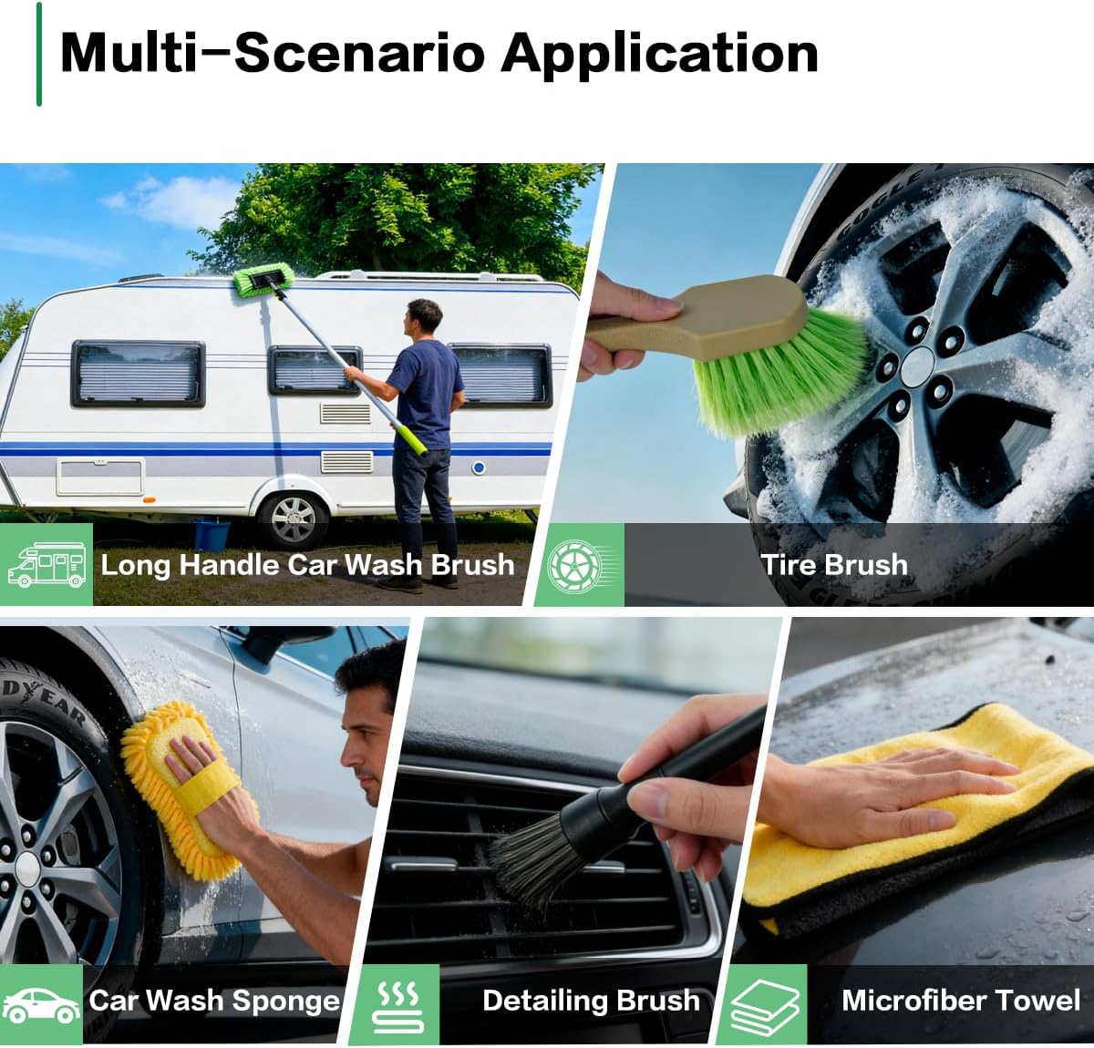 10FT Car Wash Brush with Long Handle, Car Cleaning Kit with Telescoping Pole and Soft Bristles Cleaning Brush, Detailing Brushes, Wheel Brush, Car Wash Sponge & Towel for RV, Trucks, SUV, House Siding