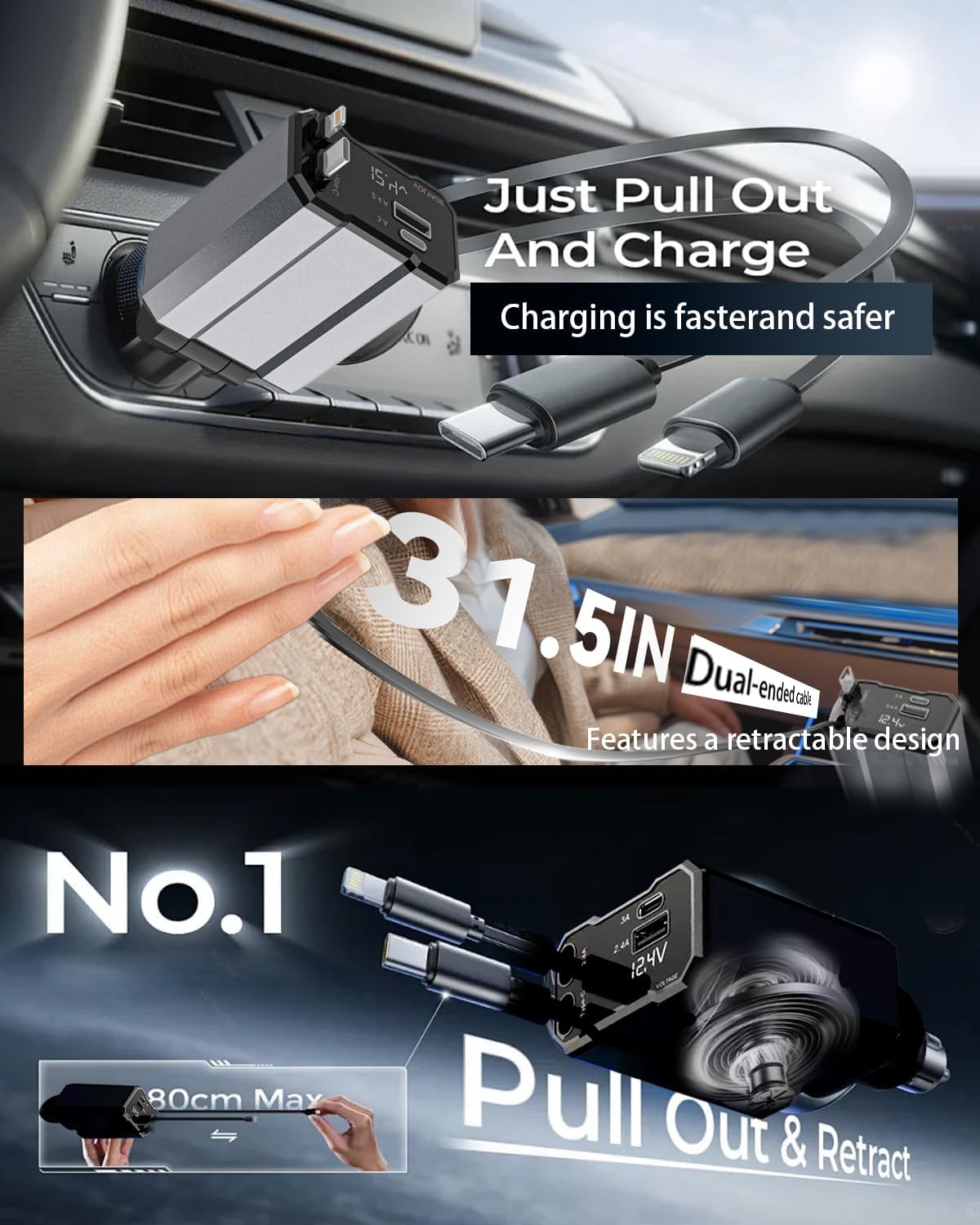 Retractable Car Charger, 4 in 1 Fast Car Charging USB C