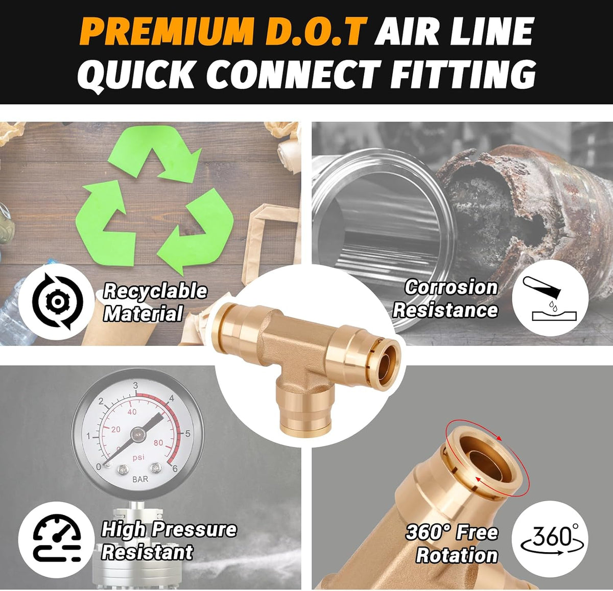 Brass DOT Approved 1/4" Tee Union Push to Quick Connect Fittings