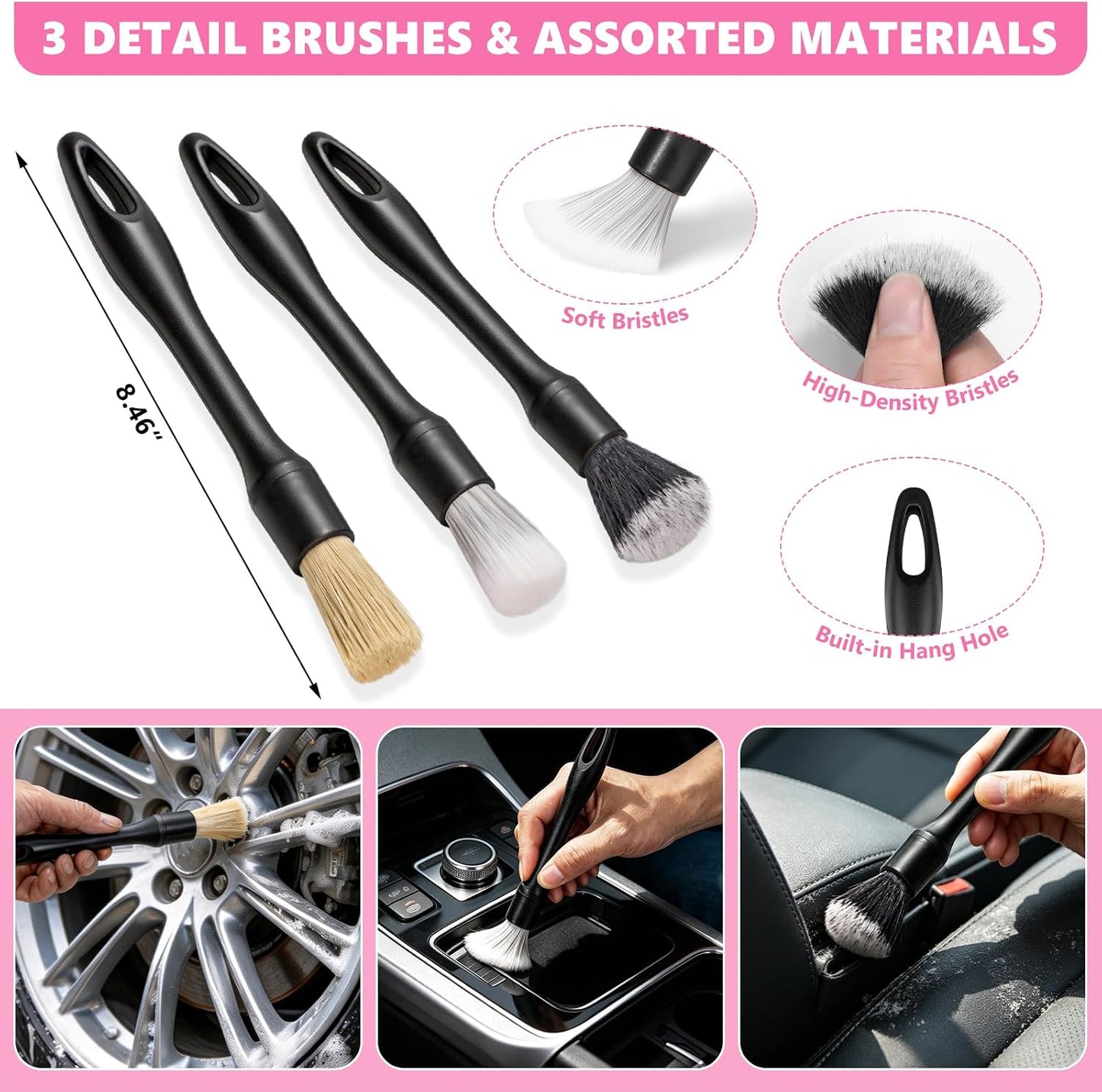 21PCS Car Detailing Kit Interior Cleaner - with Handheld Car Vacuum, Windshield Cleaning Tool, Detailing Brushes, Car Cleaning Supplies Kit for Women Men (Pink)