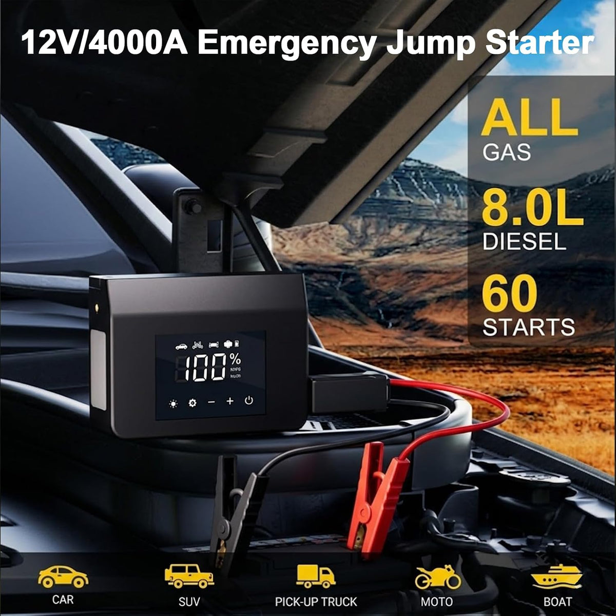 4000A Portable Car Battery Jump Starter with Air Compressor,150PSI Tire Inflator, Jumper Starter for All 12V Vehicles,Power Bank, LED Light,Auto Shutoff
