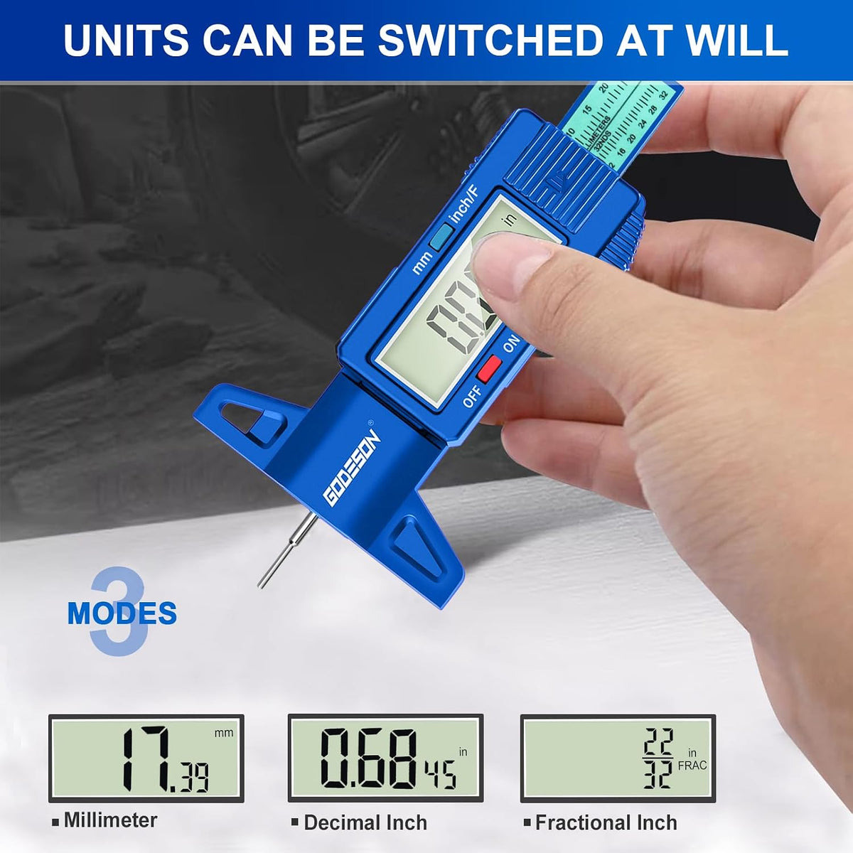 GODESON Tire Tread Depth Gauge, Digital Tire Tread Depth Gauge with 3 Modes-Fractional Inch,Blue Tire Depth Gauge with Color-Coded Bar,Tread Depth Gauge Suitable for All Vehicle Tires