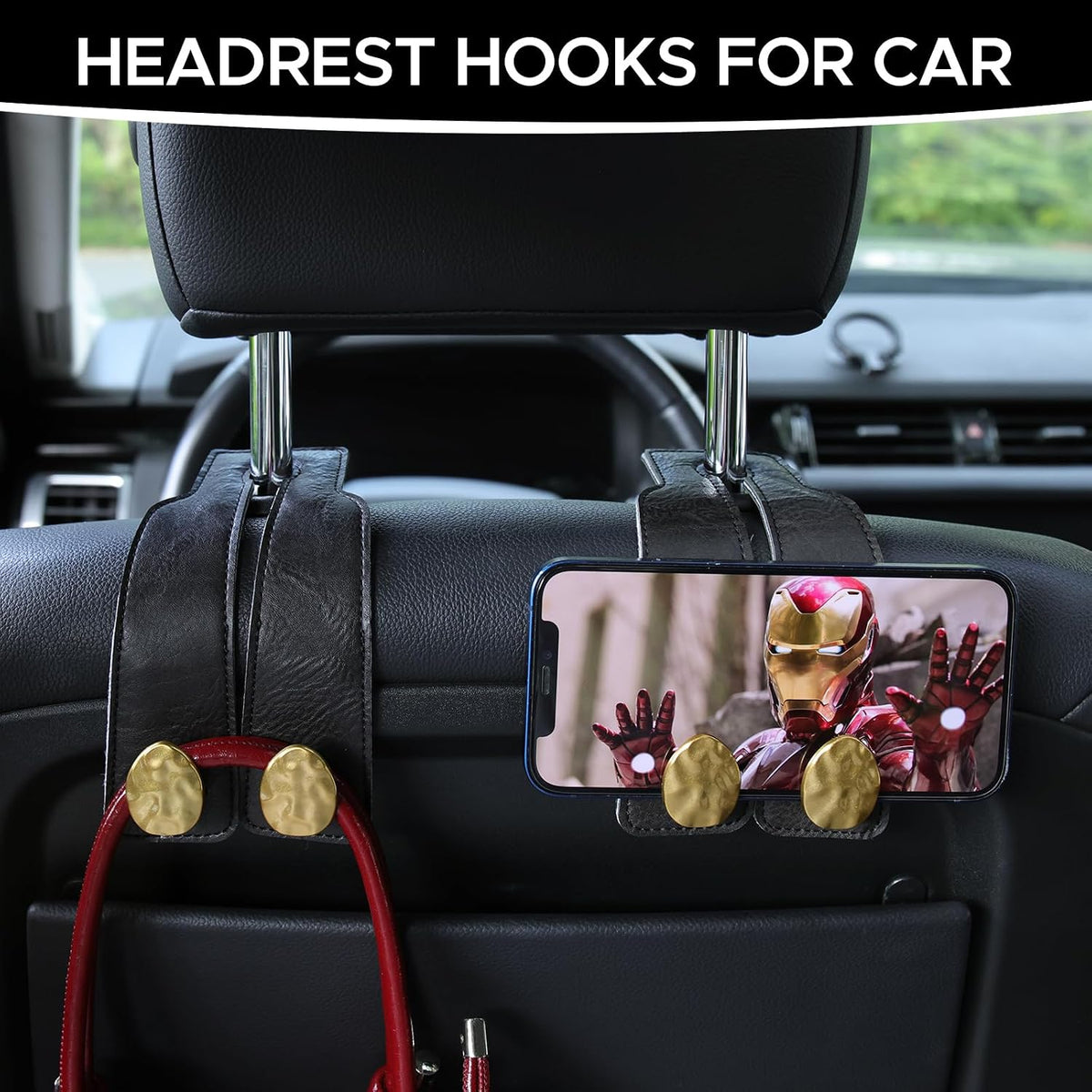 Leather Car Purse Hook for Headrest, 2 Pack, Black-Gold