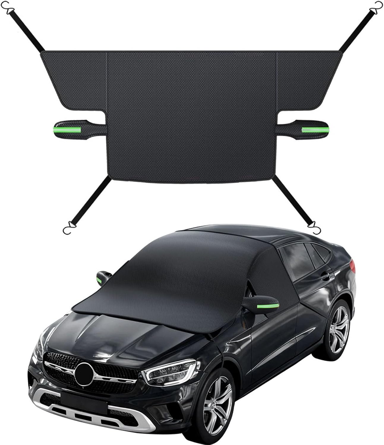 Windshield Cover for Ice and Snow, Winter Summer Sunshade with Thickened 600D Oxford Fabric, Universal Car Frost Shield Snow Cover Windshield Protector Green Earmuffs with Four Straps