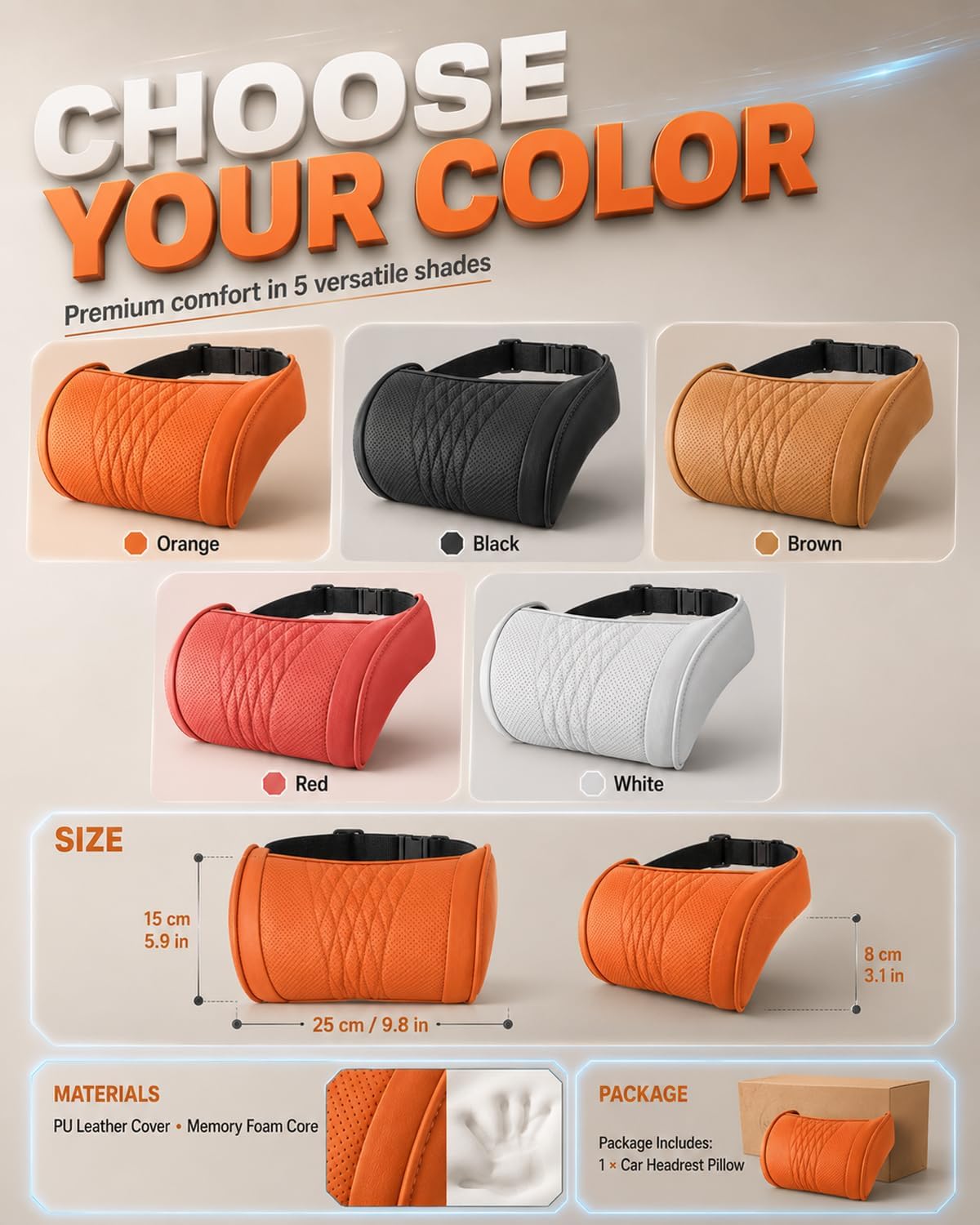 Universal Memory Foam Car Headrest Neck Pillow, Car Neck Pillow (Orange)