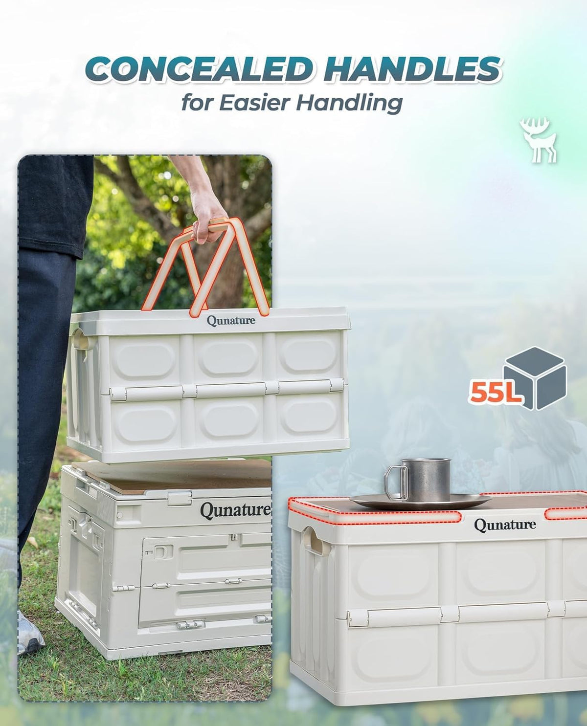 Collapsible Storage Bin with Lids 55L Camping Storage Box Foldable with Handle Plastic Organizing Stackable Storage Container for Outdoor Camping, Home, Fishing, Car RV, Office