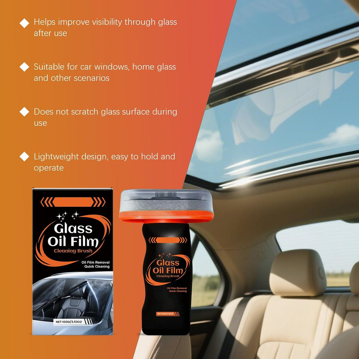 2PCS Windshield Cleaner & Glass Oil Film Remover,100ml Car Glass Cleaner with Brush,Removes Oil,Grease & Fog,Wiper Residue, Anti-Fog Glass Emulsion Cleaner for Clear Driving Visibility