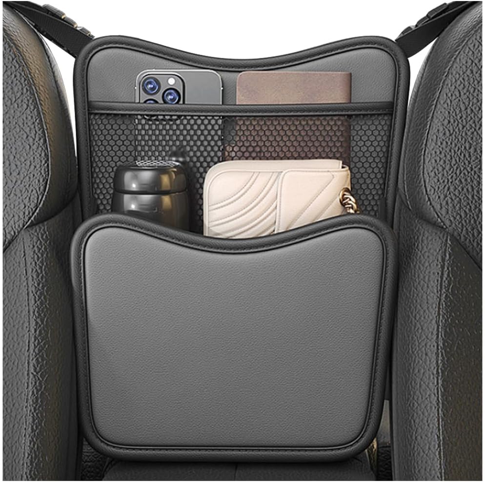 Car Purse Holder Between Seats, Nappa Leather Front Seat Storage Bag with Tissue Holder, Large Capacity Automotive Console Organizer for Document Phone Wallet, Car Accessories (Black)
